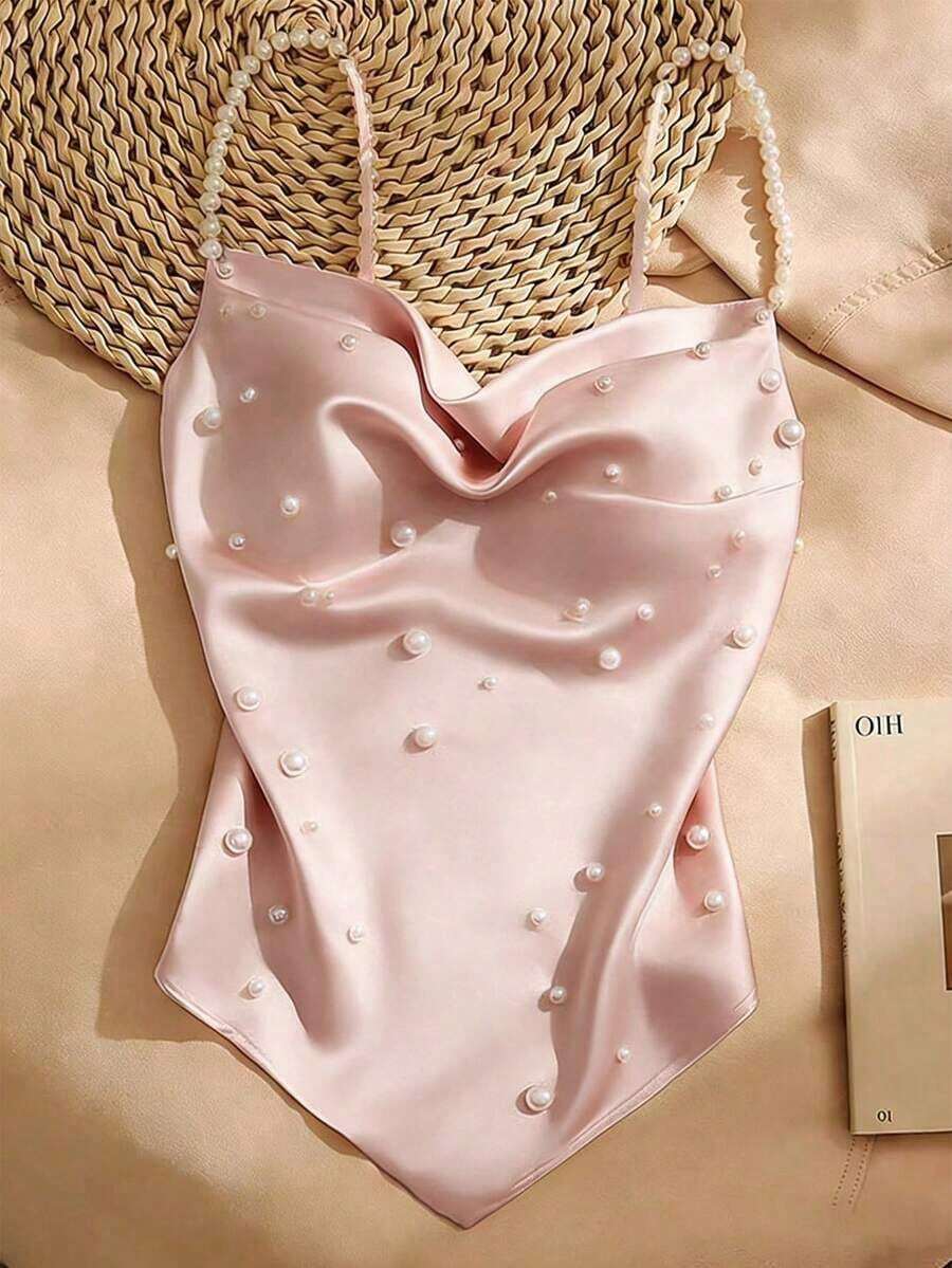 Camiseta de tirantes casual y versátil con decoración de perlas falsas para uso diario - Rosa - Ver 1