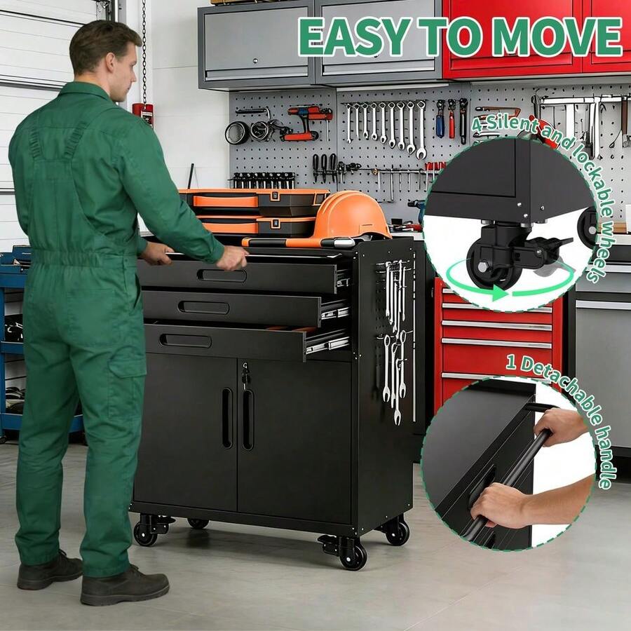 Storage Cabinet, Metal Rolling Tool Cabinet With 2 Pegboard And 10 Hook, Heavy Duty Mechanics Tool Chest Storage For Workshop, - Black-3 Drawer 2 Do - View 1