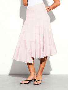Falda midi con volantes asimétricos a rayas, de cintura alta y estilo fluido y femenino para primavera y verano - Multicolor - Ver 2
