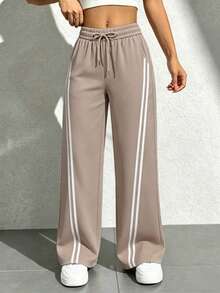 Pantalones deportivos de cintura alta con rayas laterales: pantalones deportivos holgados y de pierna ancha, ideales para el día a día en otoño; pantalones holgados y casuales de un solo color, sencillos y elegantes - Caqui - Ver 1