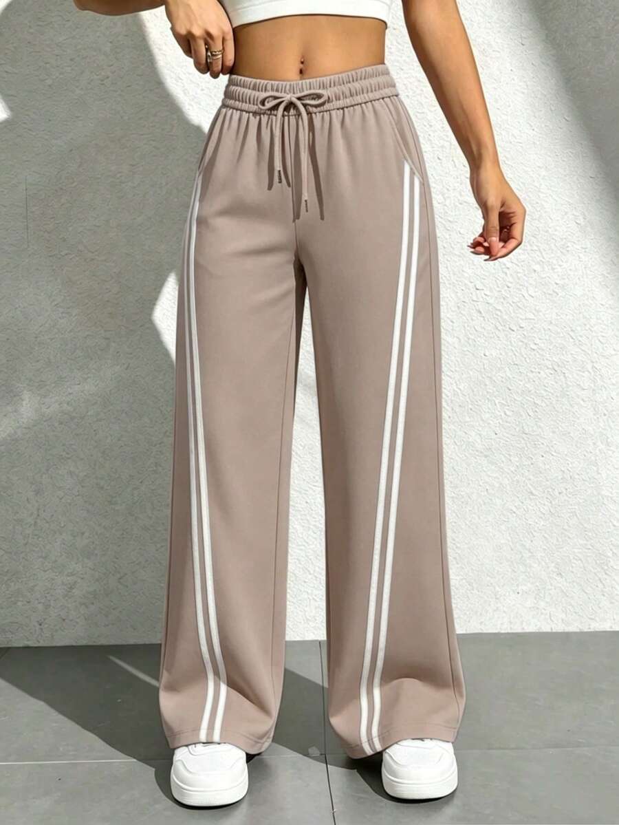 Pantalones deportivos de cintura alta con rayas laterales: pantalones deportivos holgados y de pierna ancha, ideales para el día a día en otoño; pantalones holgados y casuales de un solo color, sencillos y elegantes - Caqui - Ver 1