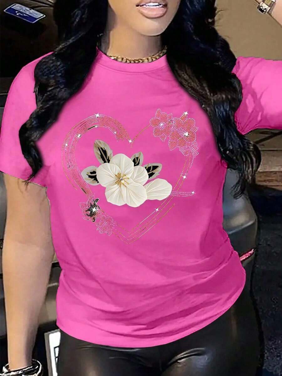 Women's Casual Summer Short-Sleeved Crew Neck T-Shirt With Heart Print - 紫紅色 - 查看 1