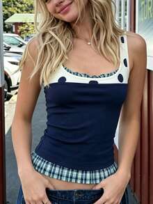 Women's Scoop Neck Tank Top Multi-Layer Patchwork Dot Plaid Pattern Sleeveless Slim Fit Vest - Blue - View 6