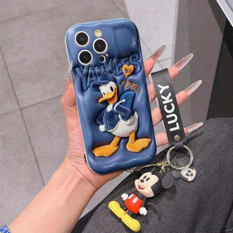 Disney Mickey Mouse Clubhouse Phone Case : 3D Fluffy Pattern Border Protector Phone Soft Phone Case With A Free Cute Mickey Bracelet Chain Lanyard, Mickey, Minnie, Goofy, Donald Duck, Daisy Duck, Pluto, For Apple 17 Promax 17 Pro 16 15 14 13 12 11 Pro Max XS Max X XR Soft Cover Summer Phone Case - 白色 - 查看 1