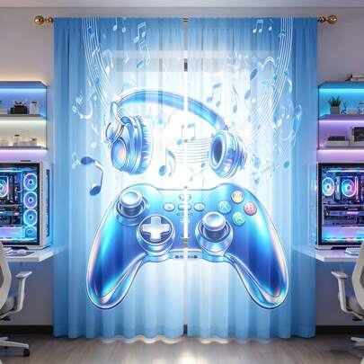 2pcs Semi-Blackout Bedroom Curtains With Iridescent Blue Game Console Pattern, No-Drilling Rod-Through Design, Easy To Install And Smooth To Slide. Casual Style Curtains For Living Room And Kitchen, Suitable For Home Decoration, Room Decoration And Household Partition. Made Of Polyester Fabric, Machine Washable And Hand Washable