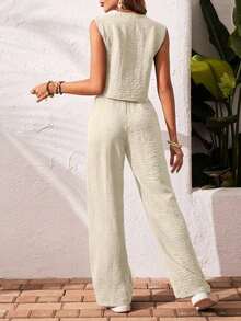 Frenchy Set de 2 piezas para mujer de top sin mangas y pantalones de estilo casual con un solo botón, para verano - Beis - Ver 2