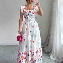 Elenzya Women's Colorful Print Cinched Waist Square Neck Cap Sleeve Casual Vacation Style Dress - Verde - Ver 2