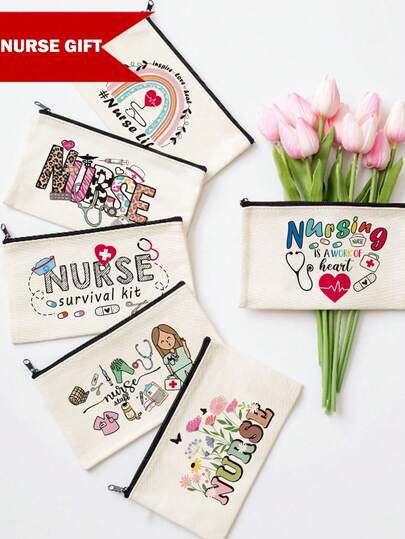 5/10 piezas Bolsas con cremallera de lona con tema de enfermera, se pueden usar como botiquín de primeros auxilios, bolsa de medicamentos, bolsa de maquillaje interesante con estampado floral/leopardo/corazón/arcoíris, bolsa de aseo portátil, adecuada para viajes, vacaciones, playa, baño, dormitorio, gran capacidad