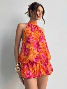 casual de verano para mujer con cuello halter, unicolor y volantes en el bajo - Naranja 2 - Ver 5