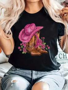 Blusa de vaquera de manga corta con estampado de botas y sombrero de vaquero rosa para mujeres - Cuello redondo, atuendos de primavera y verano, ropa casual de estilo occidental, lavable a máquina para rodeo y fiestas temáticas - Multicolor - Ver 1