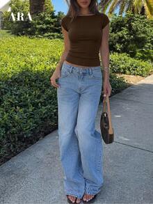 ARA CHIC Women's Khaki Crew Neck Ribbed Fitted Casual Short Sleeve Top, Suitable For Summer Beach, Office And Vacation, New Arrival - Coffee Brown - View 7