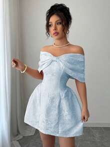 Minifalda de mujer con cuello con lazo y tela de jacquard para primavera/verano con hombros descubiertos - Azul 2 - Ver 8