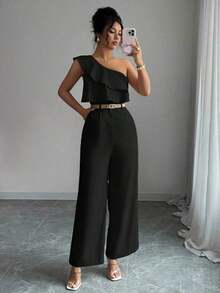 Mono de mujer con diseño casual apropiado para vacaciones de primavera/verano, adecuado para la oficina, el transporte, la playa y la hora del té de la tarde, con tirantes de espagueti, cintura con doble volante y silueta recta y suelta - Negro - Ver 5