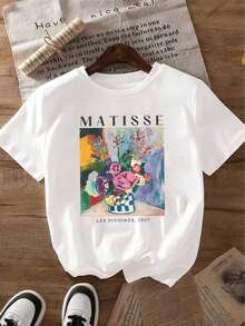 1 Women's Artistic Style T-Shirt, Featuring Matisse's 'Les Pivoines' Floral Painting, Combining Classic And Modern Elements, Summer Clothing For Women KEWH - 白色 - 查看 6