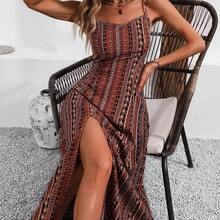 Vintage Style Women's Printed Spaghetti Strap Dress With High Side Slit Maxi Vacation Beach Outfit - Morado - Ver 5