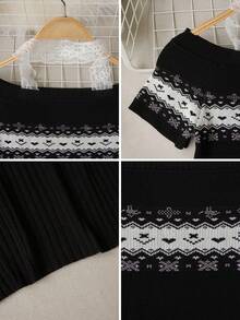 2026 Summer New Sweet Delicate Off-Shoulder Jacquard Knit Top, Girly Halter Lace Fitted Top - Black - View 9