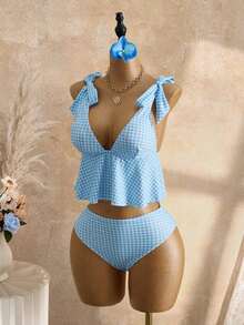 Mod Conjunto de traje de baño de 2 piezas para mujer con top corta de tirantes finos con estampado de cuadros y nudo delantero, y Bottom tipo bikini con cordón en la cintura, para verano - Azul - Ver 3