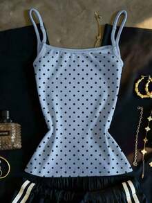 Camiseta de mujer de verano de cuello redondo, ajustada, con estampado de lunares - Celeste - Ver 2