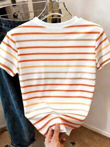 Camiseta de mujer de manga corta con cuello redondo, estampado de rayas de colores, informal, para verano - Multicolor 6 - Ver 2