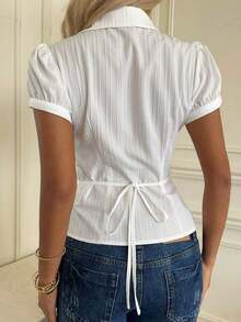 Camisa casual de mujer de manga corta abullonada, de un solo pecho, a rayas azules, ropa de verano - Blanco - Ver 3
