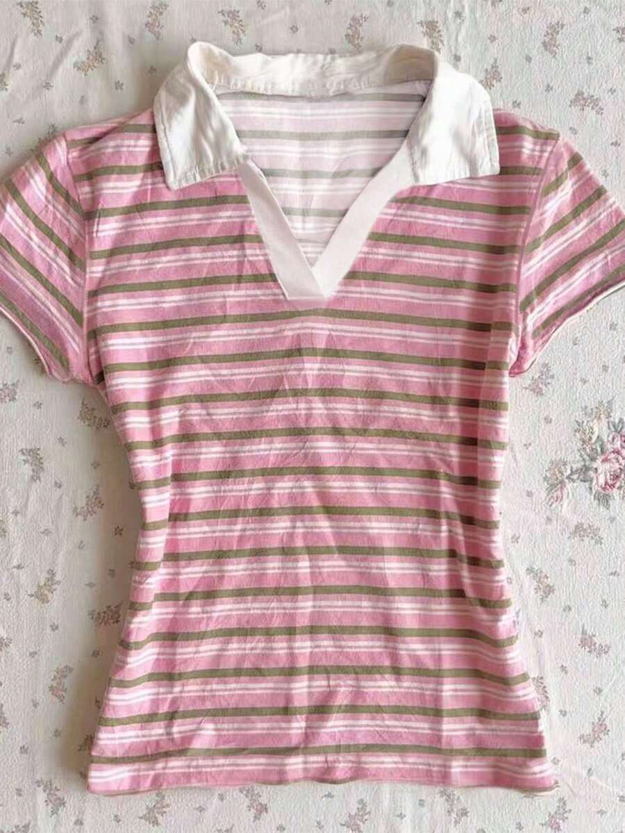 Camiseta de mujer de manga corta ajustada con cuello polo de unicolor - Multicolor 5 - Ver 1
