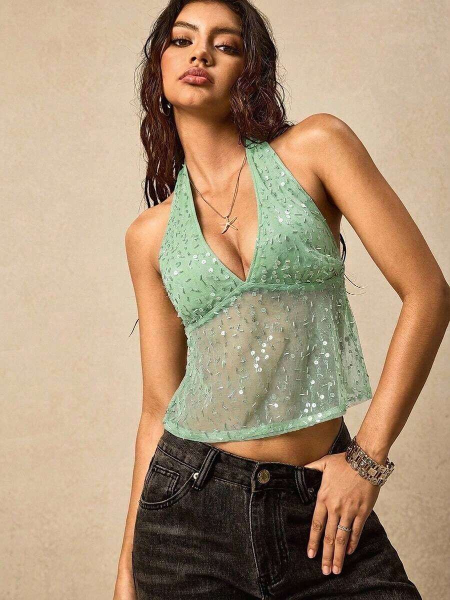 Top camisola con tirantes finos, espalda descubierta, bordado de lentejuelas y diseño romántico para vacaciones, camisola con lentejuelas brillantes, camisola con brillo, top camisola con tirantes finos y lentejuelas en color albaricoque - Verde - Ver 1