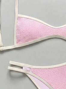 Conjunto de bikini con tirantes de espagueti de tela jacquard para mujer, primavera/verano - Rosa - Ver 5