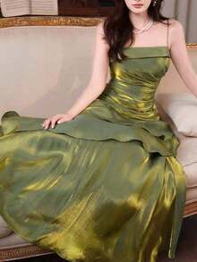Vestido de fiesta elegante y distintivo de mujer, vestido de noche formal vintage, ajustado con tirantes finos, adecuado para cumpleaños, bodas, invitados, bailes de graduación, vacaciones de primavera en la playa - Verde - Ver 7