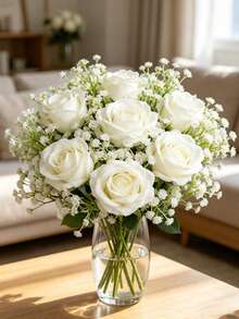 1/15/30pcs Buquê de Rosas Brancas e Gipsófila, Decoração Rústica para Casa, Arranjo Central de Flores Artificiais de Seda. Perfeito para Buquê de Casamento, Casa, Quarto, Sala de Estar, Mesa de Jantar, Prateleira de Parede, Varanda e Decoração de Jardim, Bem como Arranjos Florais DIY. Presente Ideal para o Dia da Mãe, Dia dos Namorados, Aniversário, Casamento, Natal e Festa. - Branco - Ver 5