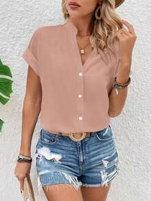 Blusa casual de verano de unicolor con botones delanteros y mangas cortas para uso diario - Rosa Pálido - Ver 7