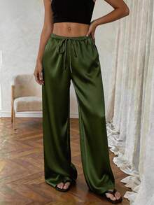 1pc Solid Color Drawstring Pocket Pants, Suitable For Home, Daily Wear, Holidays, Singles Party, Satin, All Seasons Spring - Army Green - View 3