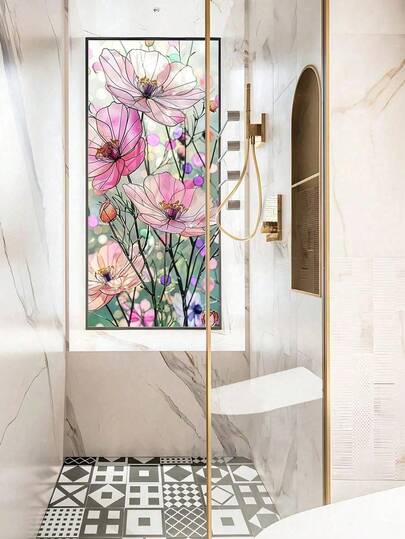 1pc Colorful Floral Pattern PVC Frosted Static Cling Window Film, Glue-Free Static Adsorption, Removable, Privacy Protection, Blocks Sunlight And UV, Suitable For Home Decor, Bedroom, Living Room, Kitchen, Bathroom Door And Window Decoration. High-Quality Removable Glue-Free, Reusable, Easy To Install Home Decor Window Film.
