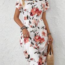 Women's Casual Striped Drawstring Waist Mid-Length Dress, Vacation Wear - Marrón - Ver 8