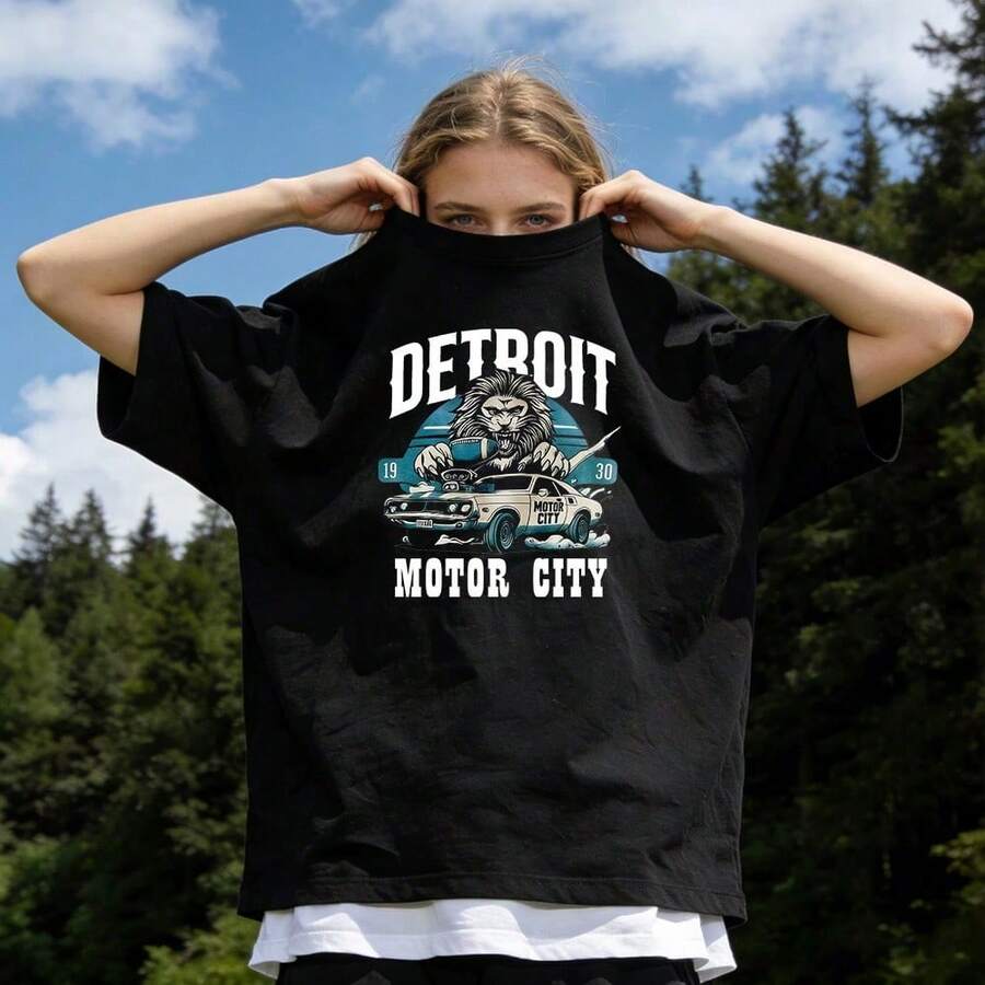 Women's Summer Clothing, Casual Soft Cotton T-Shirt With Round Neck, Classic Detroit Motor City Lions Car Print. Black. - 黑色 - 查看 1