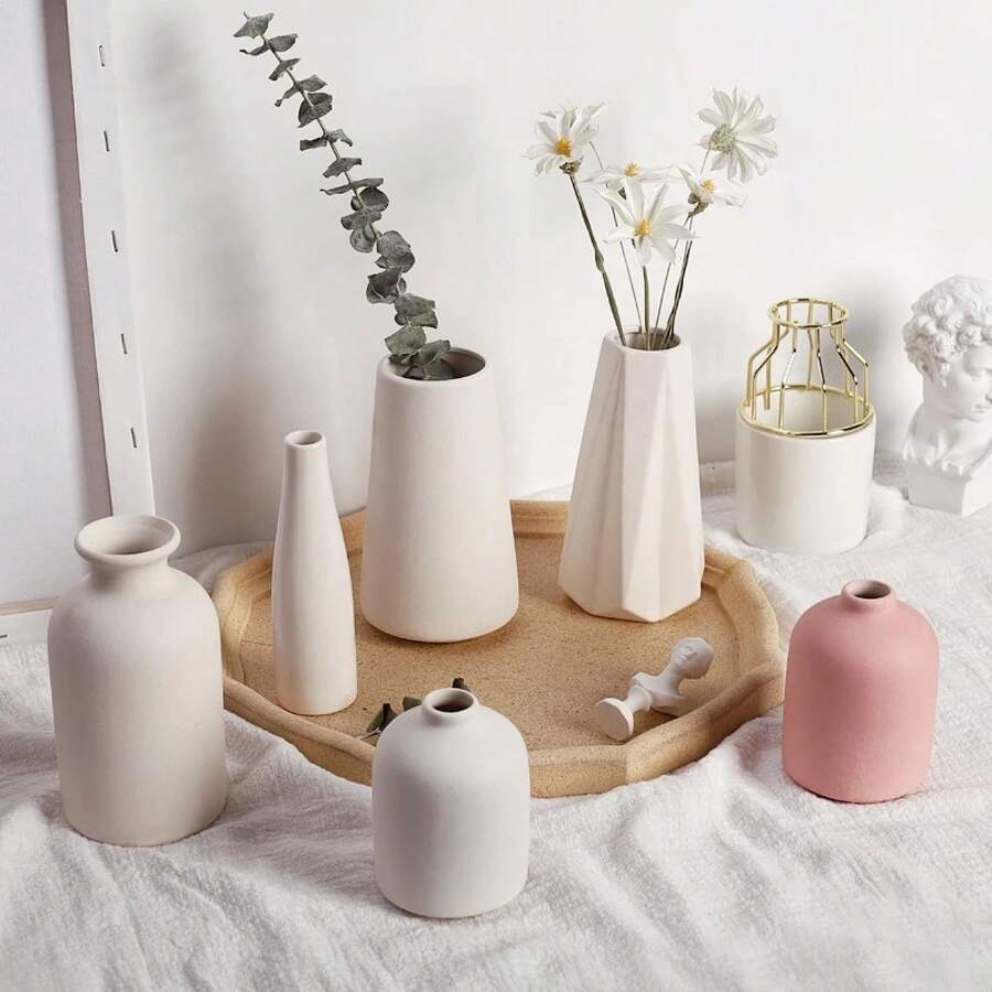 Jarrones de cerámica blancos, adornos decorativos nórdicos, decoración para el hogar y la sala de estar, arreglos florales, accesorios para bocetos, decoración de escritorio - D1-0336 - Ver 1
