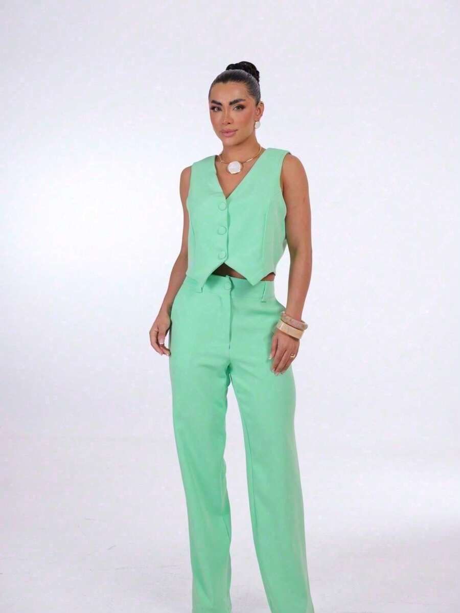 Wide-Leg Pants By Alntaria Risco Calca111114 - Mint Green - View 1