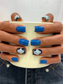 10pcs Y2K Nails Square Press On Nails Set - Handcrafted, Black Nails, Blue Nails, Handmade 3D Flowers Design, 3D Blue Flowers Nail Art, Hand Drawn 3D Water Droplet Pattern And Black Polka Dot Flowers Design, Sparkling Rhinestone Decoration, Delicate Graceful Nails - Perfect For Parties & Casual Attire - Multicolor - View 2