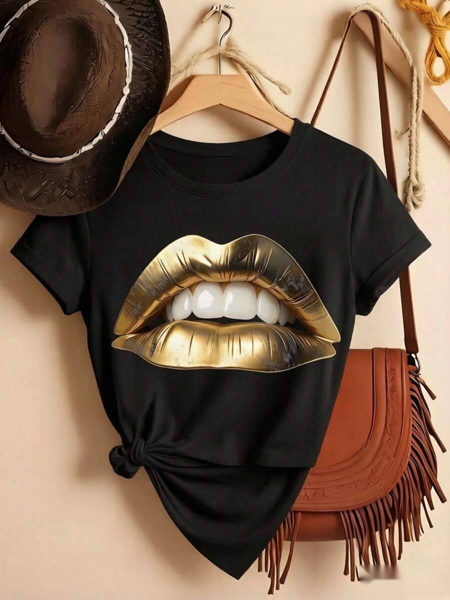 Women's Cotton Crew Neck T-Shirt with Unique Gold Lips Print, Medium Stretch Short Sleeve Top - Negro - Ver 1