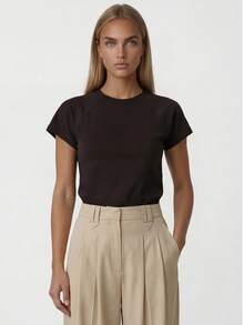 Women's Solid Color Round Neck Casual Versatile Daily Wear Top - Coffee Brown - View 2