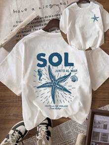 Camiseta de Vela Española Blanca y Náutica para Mujer - SOL & Y MARE, Corte Holgado, Manga Corta, con Estampado de Estrellas de Mar y Mar, Ropa Casual de Verano para la Playa, Diseño con Texto en Español para Conjuntos de Temática Marina, Camiseta Y2k - Blanco - Ver 1