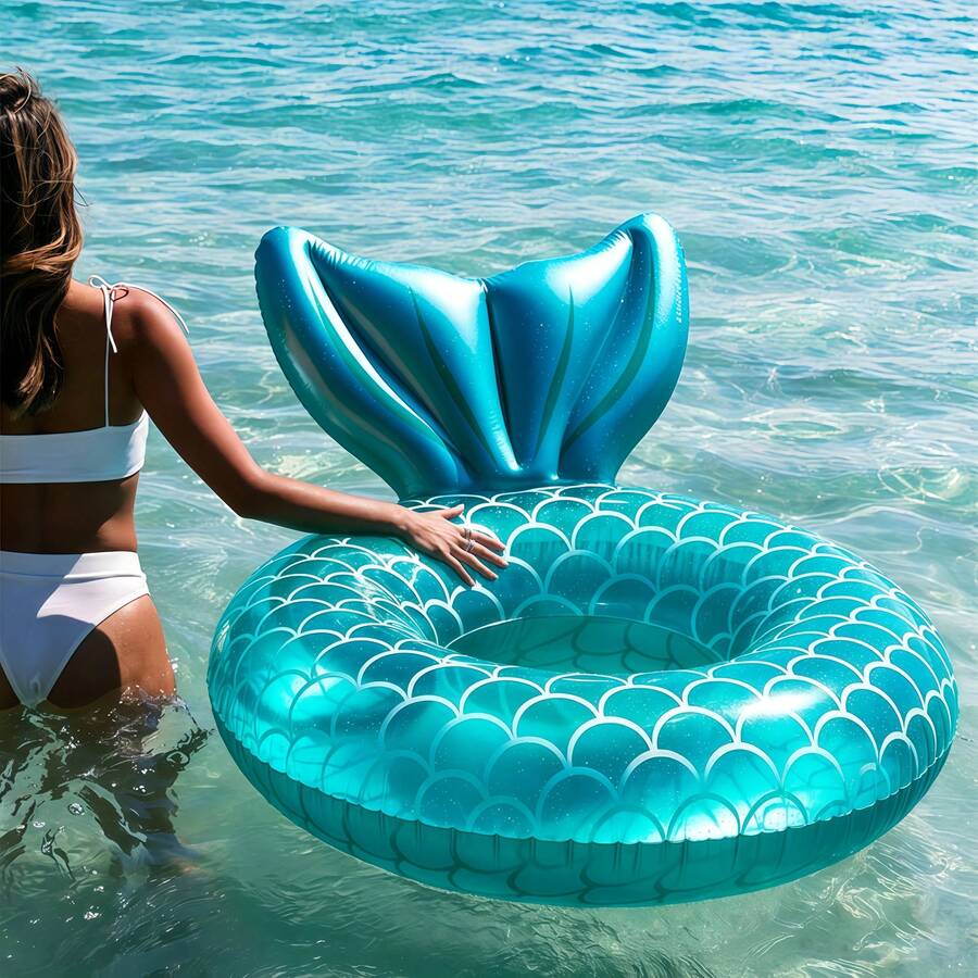 1pc Mermaid Tail Shaped Mint Green Swim Ring, Open Design Suitable For Photo Shooting, Summer Beach Outdoor Swimming Equipment, Outdoor Leisure Supplies