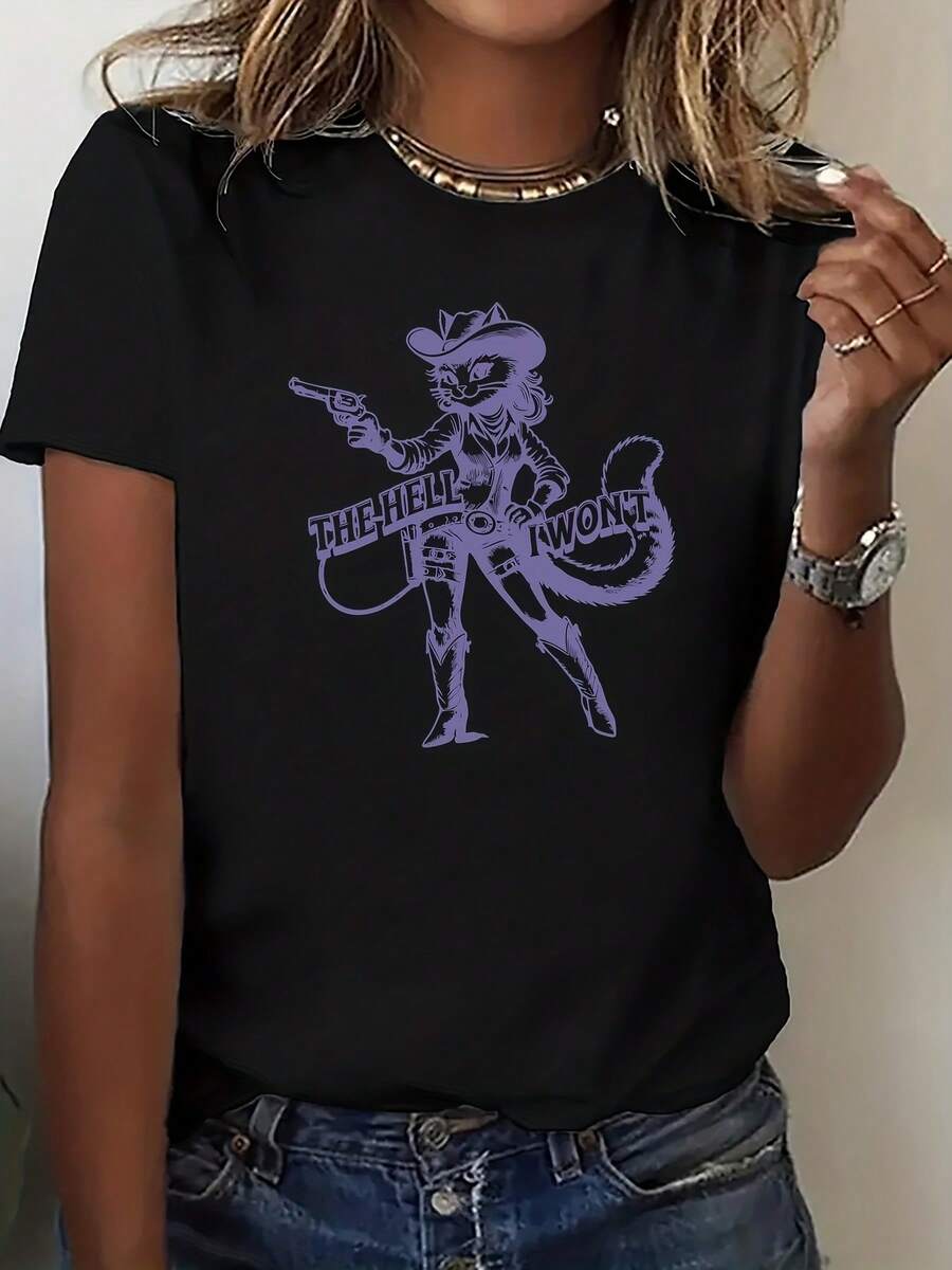 Una diversión impresa de manga corta Top-Vintage estilo azul gato patrón-estilo deportivo de moda casual de las mujeres, Independencia día de la moda . vaquera occidental elegante, elegante personalidad diversión imprimir cómoda camisa de cuello redondo base, adecuado como un regalo camiseta