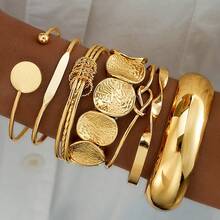 Juego de 7 piezas de brazaletes tipo bangle con hojas lisas de estilo europeo y americano, conjunto de joyas de brazalete abierto con rayas asimétricas - Amarillo Oro - Ver 3