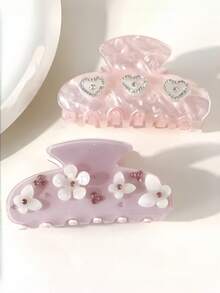 1pc Pink Rhinestone Hair Clip Set, Acrylic Clips With Heart And Flower Decor, Elegant Sparkling Thick Hair Clips For Women Summer Hair Accessories Beach Claw Clips - Multicolor - View 1