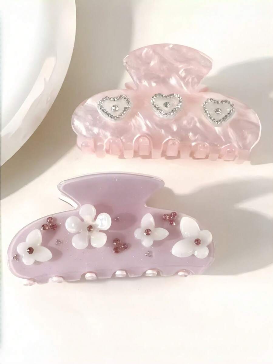 1pc Pink Rhinestone Hair Clip Set, Acrylic Clips With Heart And Flower Decor, Elegant Sparkling Thick Hair Clips For Women Summer Hair Accessories Beach Claw Clips - Multicolor - View 1
