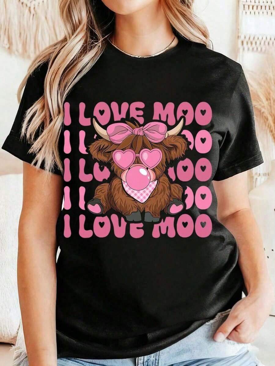 Camiseta de Mujer con Estampado de Vaca con Lazo Rosa y Gafas de Corazón, Temática de San Valentín, Estampado "I Love Moo", Estilo Casual y Moderno, Cuello Redondo, Suave y Cómoda para Uso Diario, Opción de Regalo para Fiestas, Transpirable y Confortable. - Negro - Ver 1