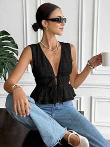 Blusa de verano con diseño de volantes y lazo, cuello en V romántico francés, cintura ajustada con lazo, sin mangas, diseño de bordado 3D plisado, color crema, fresca, estilizadora y dulce, top casual para verano, salir, playa, vacaciones, vacacio - Negro - Ver 3
