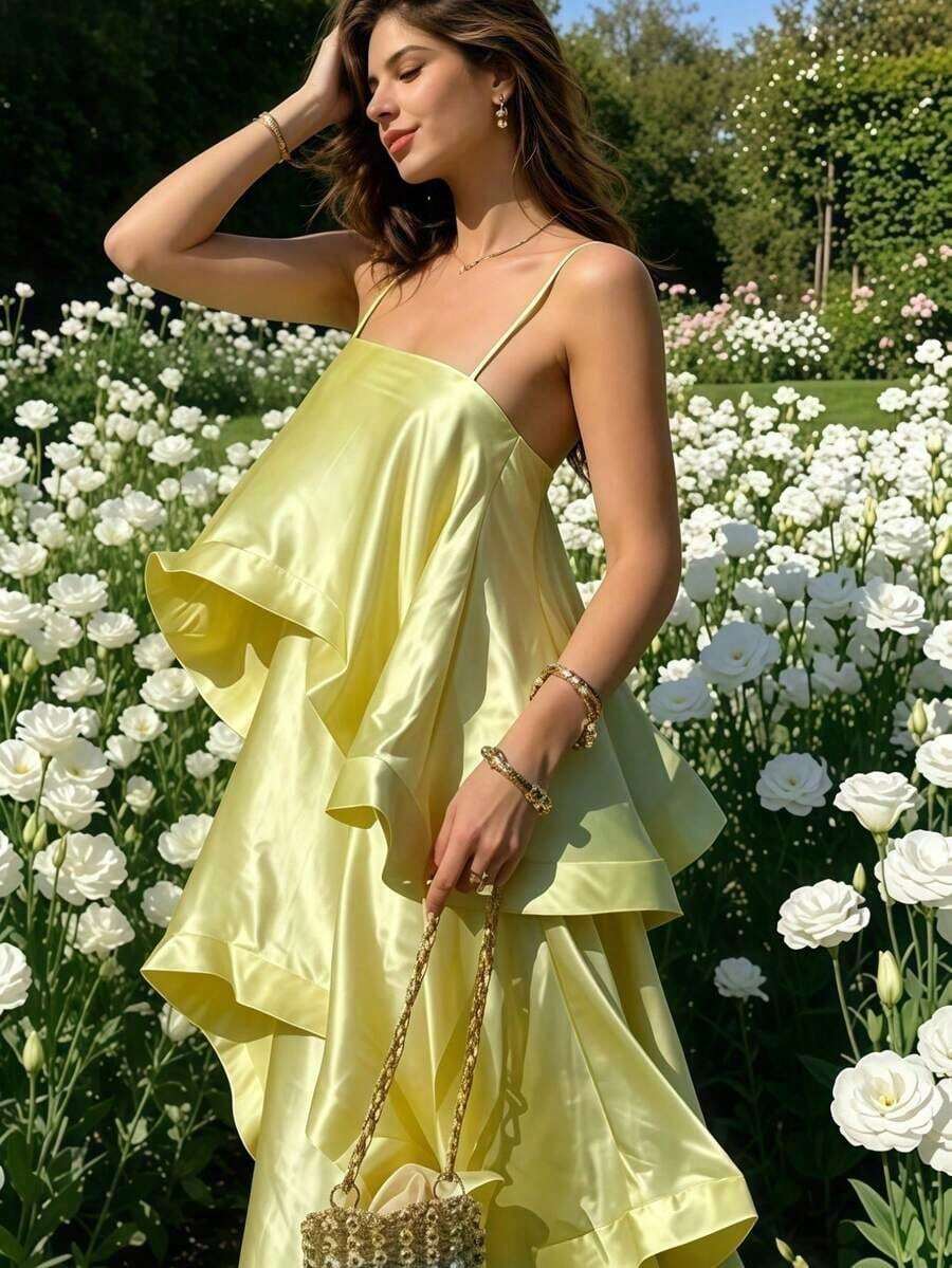 Elegant Women's Dress For Spring/Summer Holidays: Casual Satin Maxi Dress With Straps, Multi-Layered. - 中等水洗藍 - 查看 1