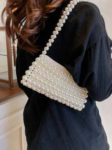 Dedoo 1pc Pearl Beaded Woven Faux Pearl Handbag, Multifunctional Women's Shoulder Bag Suitable For Formal Occasions Or Daily Commute - White - View 3