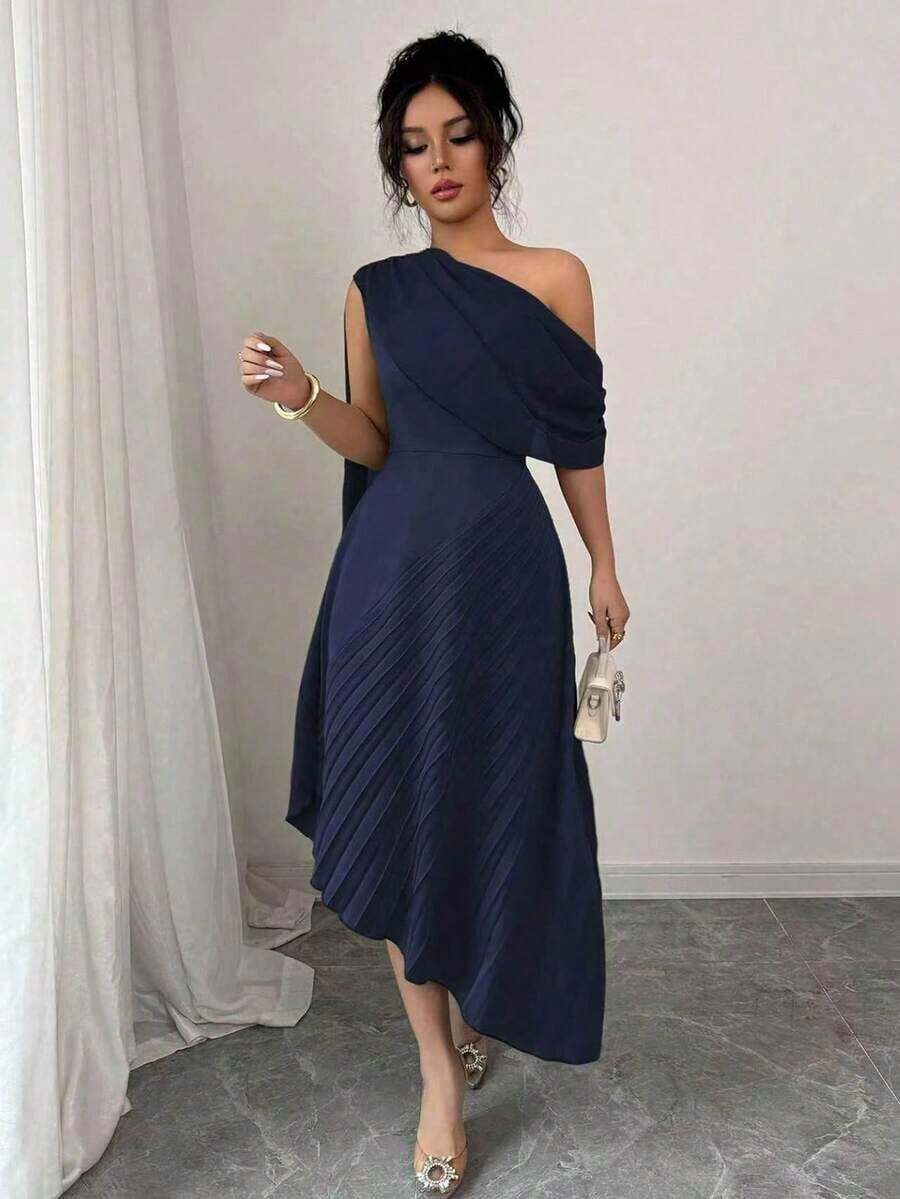 Raffinéa Vestido largo de mujer elegante de gasa con un hombro, plisado, brillante, para primavera/verano - Azul marino - Ver 1